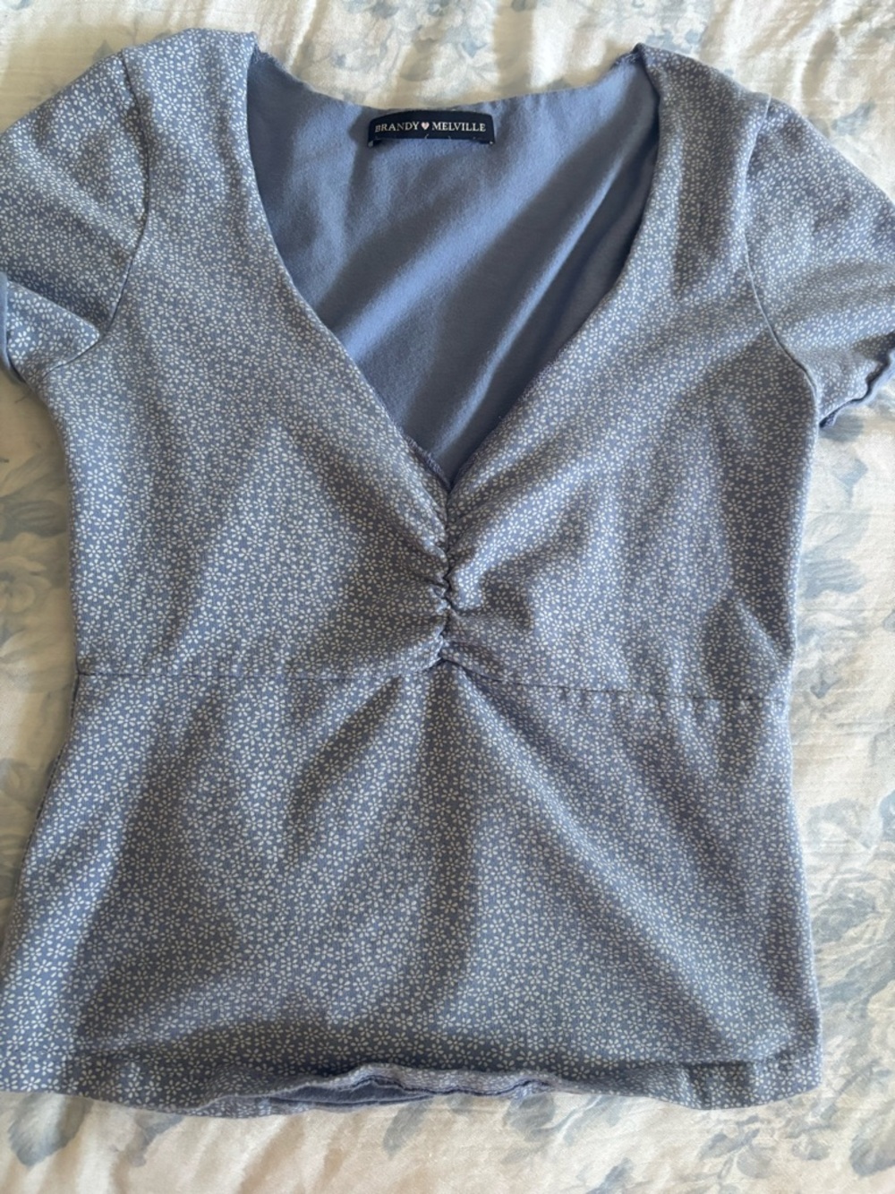 Brandy Melville Lavender Blue Ruched V-Neck Short Sleeve Top